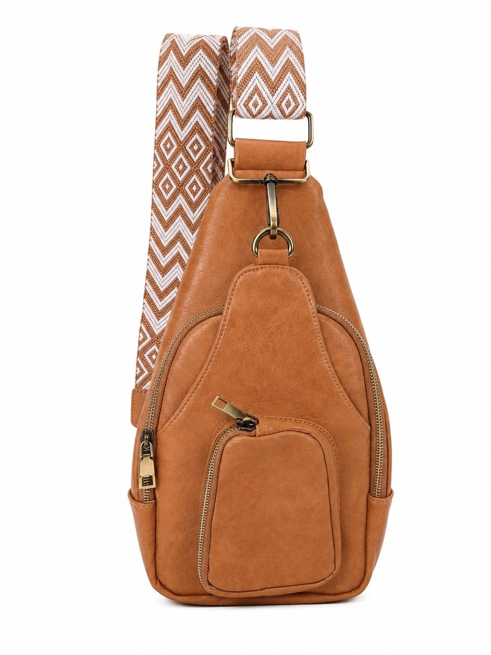 Tan Faux Leather Sling Crossbody Bag in Cognac